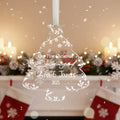 Personalised clear acrylic Christmas tree ornament engraved with Our First Christmas Engaged, names Ava & James 2025, featuring snowflakes and botanical details, hanging on Christmas tree with festive decorations