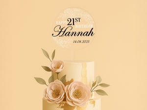 a three tiered cake with flowers and a happy 21st birthday sign