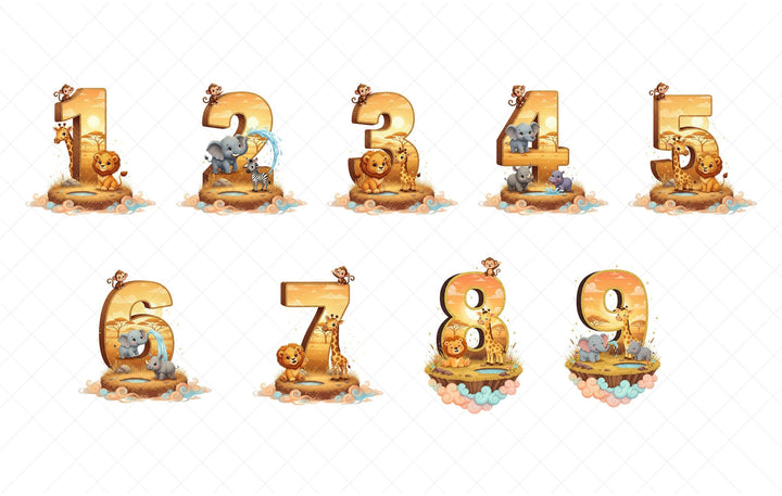 A collection of animal-themed numbers from 1 to 9, each with a different animal depicted in a creative and playful manner.
