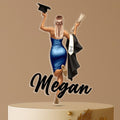 Personalised acrylic graduation cake topper featuring a female graduate in cap and gown, holding diploma and hat, custom name in script, Class of 2025.