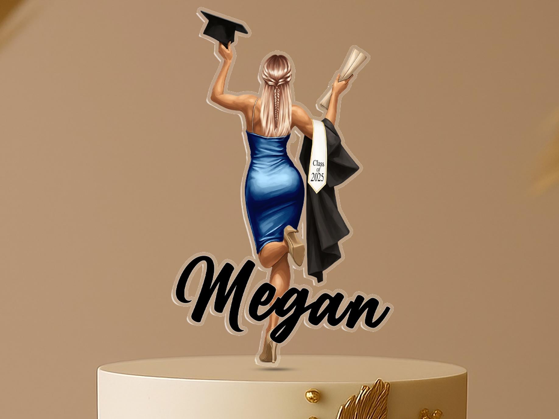 Personalised acrylic graduation cake topper featuring a female graduate in cap and gown, holding diploma and hat, custom name in script, Class of 2025.