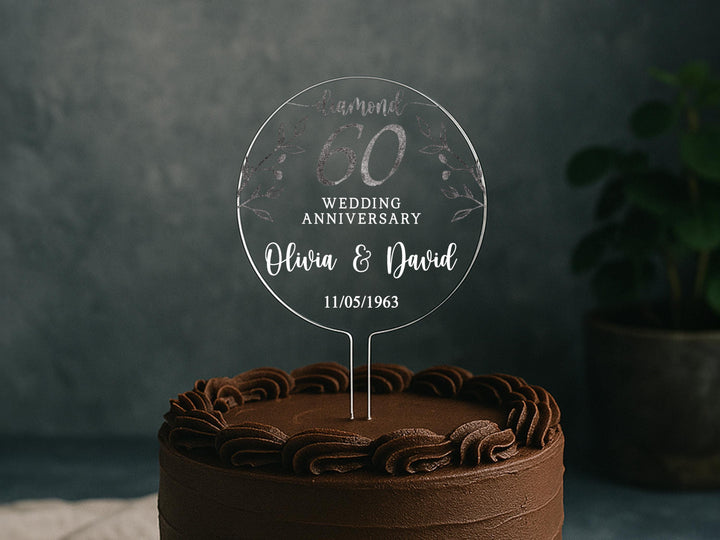 60th milestone wedding cake topper custom names and elegant silver artwork