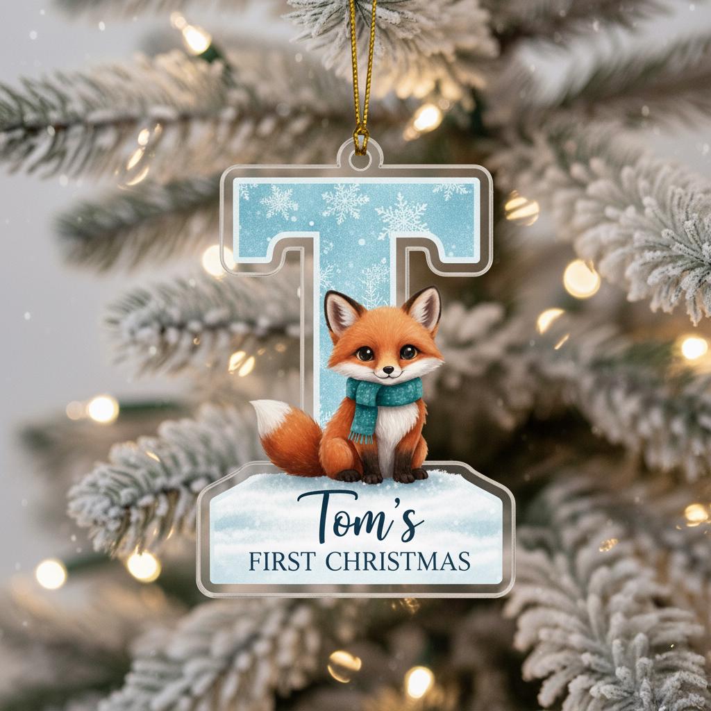 A clear ornament shaped like the letter "T" with a cartoon fox sitting on top of it, hanging on a Christmas tree.