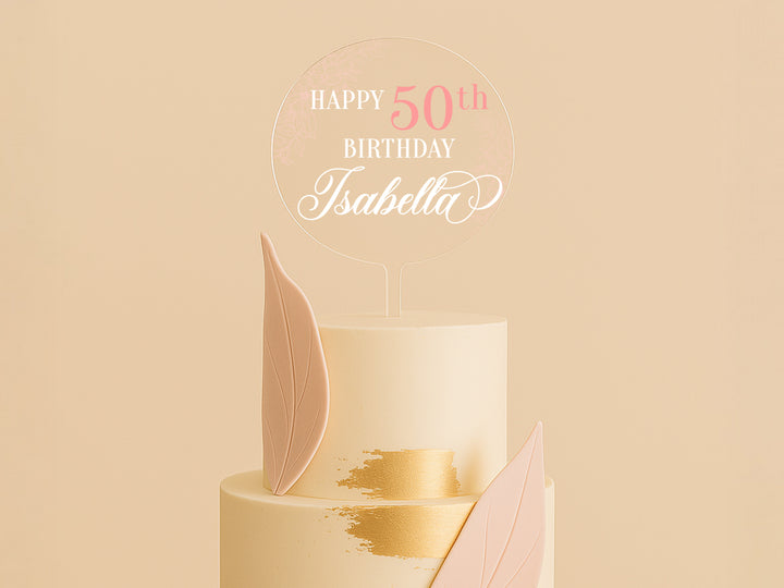 a birthday cake with a pink and gold decoration
