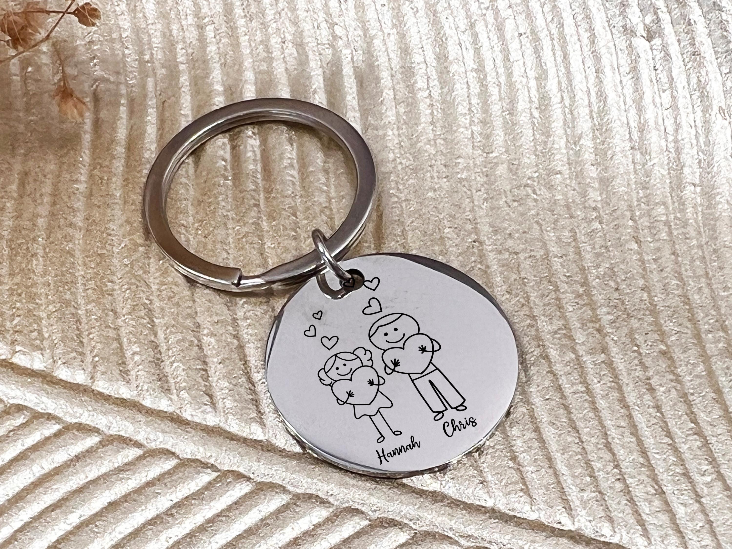 a keychain with a picture of a man and a woman on it