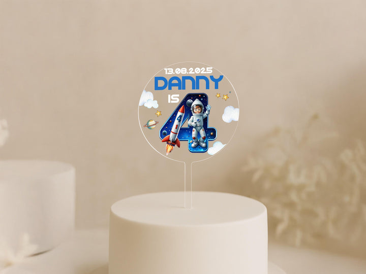 Galaxy party cake topper showing custom name and age
