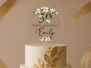 Elegant Lily Floral Acrylic Cake Topper for 50th Birthday – Personalised