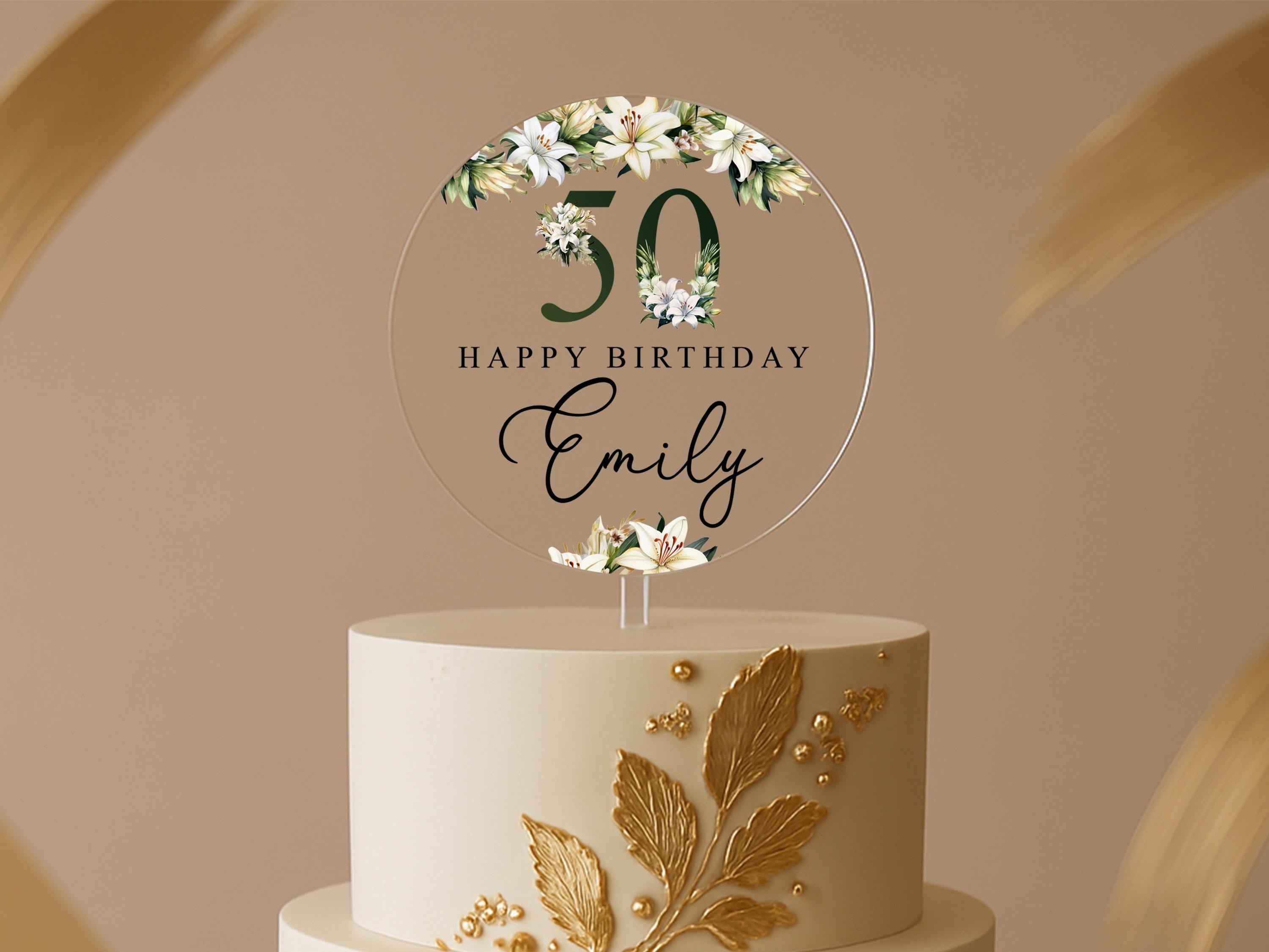 Elegant Lily Floral Acrylic Cake Topper for 50th Birthday – Personalised