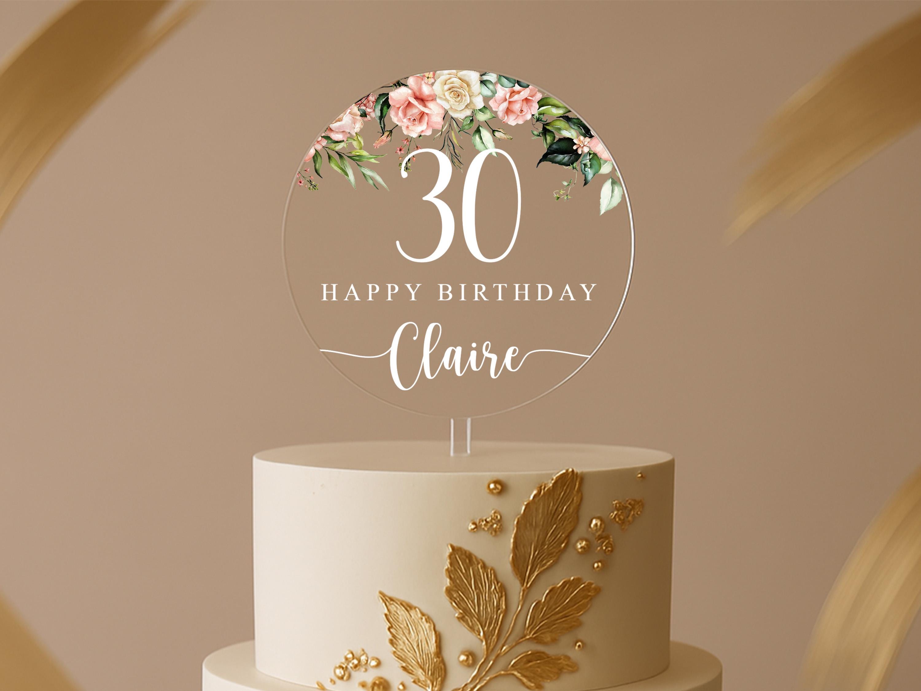 30th Birthday Floral Cake Topper, Personalised Clear Acrylic with Name & Age, Elegant Milestone Cake Decoration for 18th, 21st,50th, Any Age