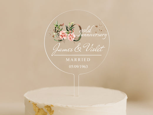 50th Wedding Anniversary Cake Topper,Personalised Clear Acrylic with Names & Date,Elegant Floral Gold Anniversary topper for Married Couples