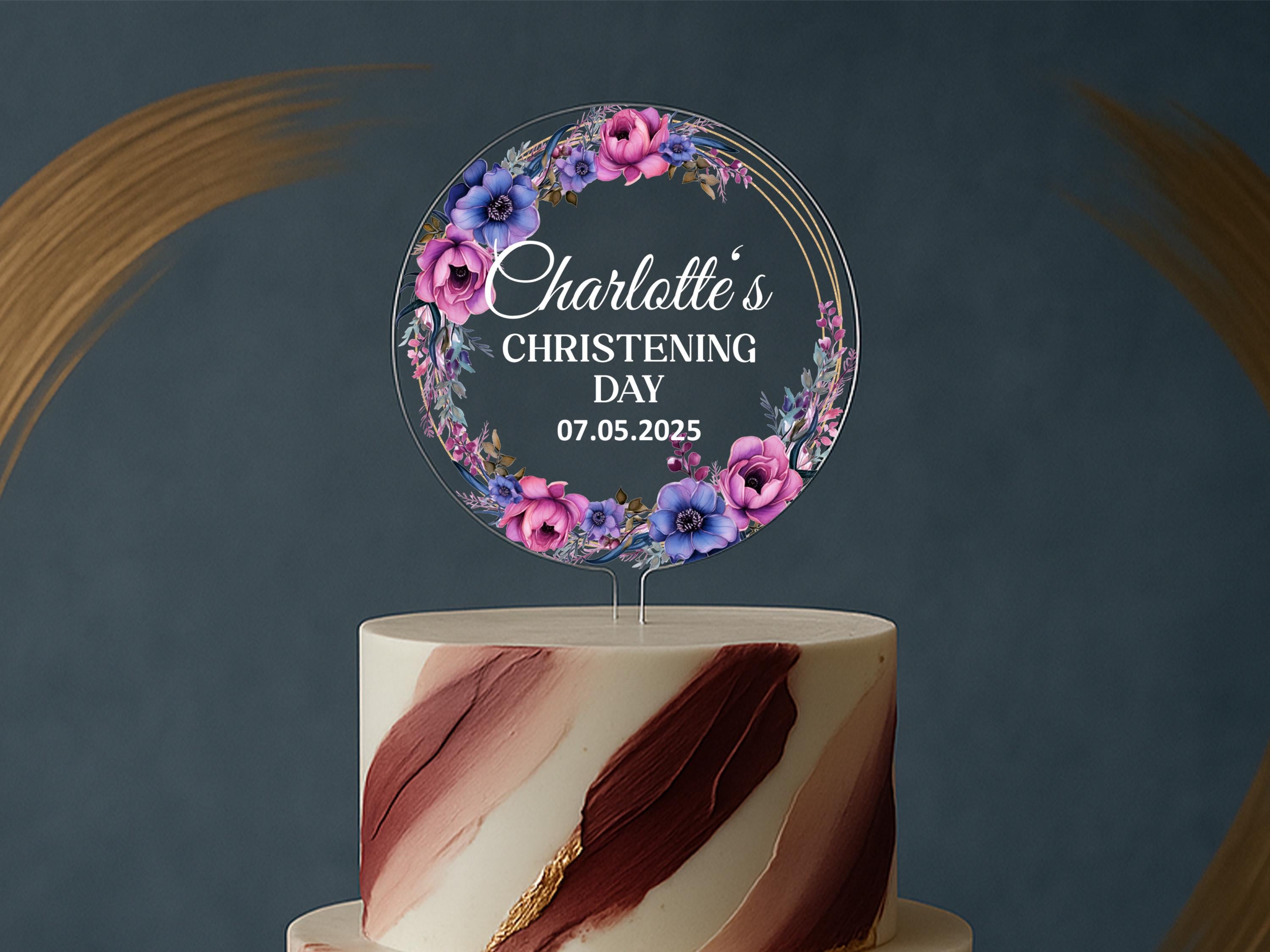 Pink and purple floral christening decoration with date