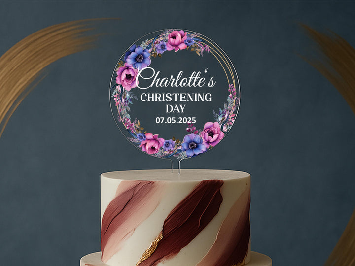 Pink and purple floral christening decoration with date