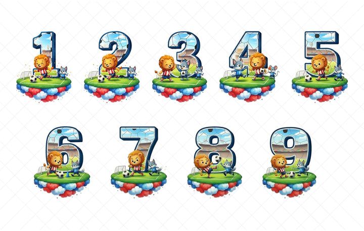 A collection of cartoon lion characters in various poses, each representing a number from 1 to 9.