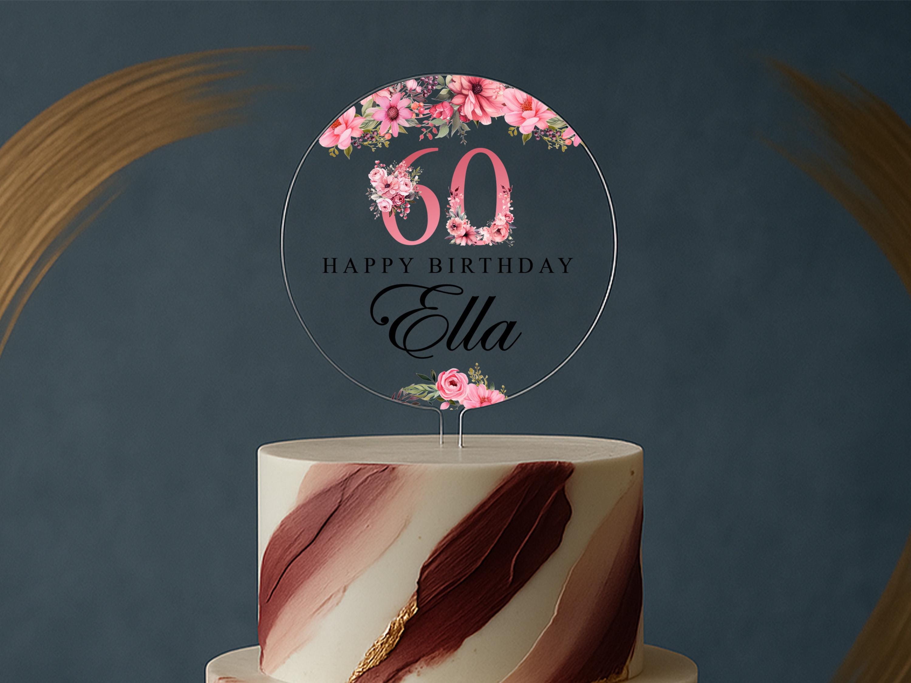 Elegant Birthday Cake Topper with Custom Name and Flowers