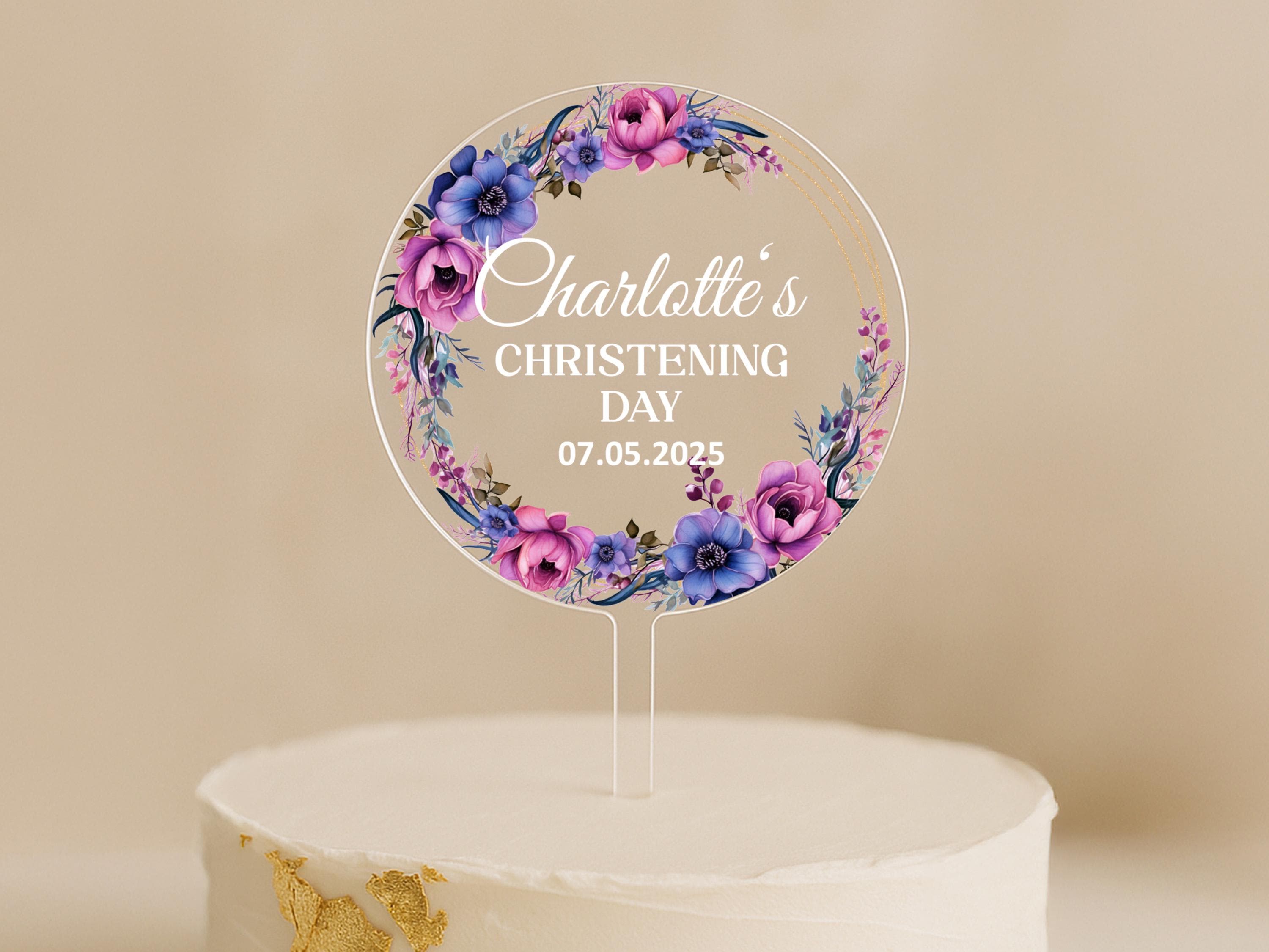 Clear acrylic topper for baby girl's baptism cake