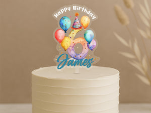 Custom balloon birthday cake topper featuring number 6 with vibrant party balloons, party hat and personalised name James on celebration cake
