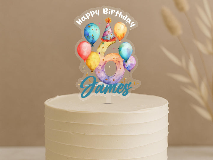 Custom balloon birthday cake topper featuring number 6 with vibrant party balloons, party hat and personalised name James on celebration cake