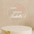 a birthday cake with a white frosting and pink lettering