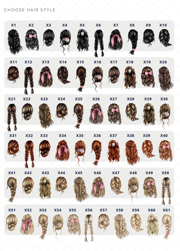 a collection of various hairstyles, each with a unique design and color, arranged in a grid format.