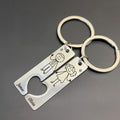 Personalised stick figure couple keyring set, custom engraved names James and Olivia, matching heart cutout, cute couples gift.