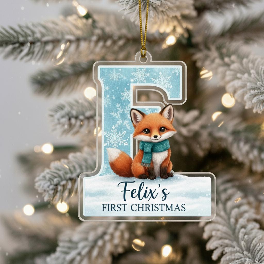 A clear ornament shaped like the letter "E" with a cartoon fox sitting on top of a snowy background, hanging on a Christmas tree.