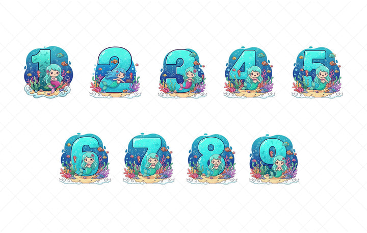 A collection of illustrations depicting various numbers, each with a mermaid character surrounding it. The numbers are arranged in a grid-like pattern, creating a visually appealing and playful design.