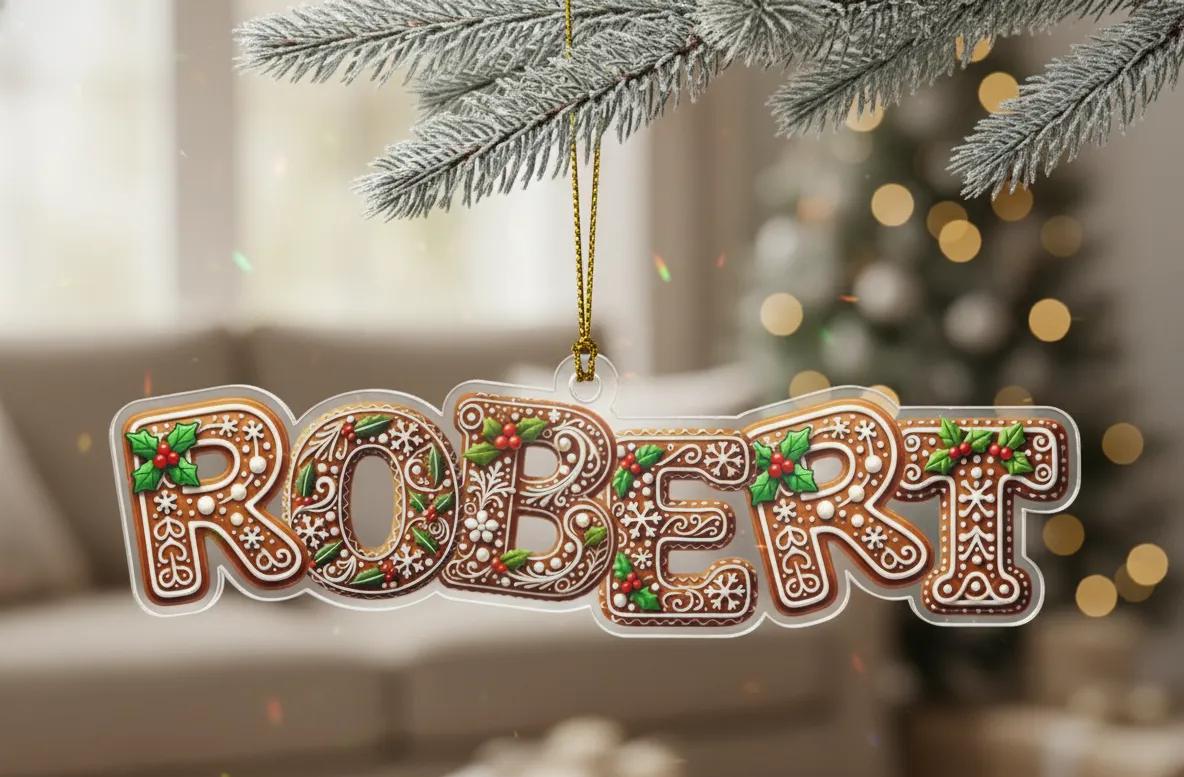 A clear ornament shaped like the name "ROBERT" made of gingerbread cookies, hanging from a tree branch.