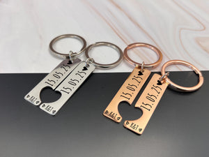 Anniversary and wedding gift for couples, personalised keyrings in rose gold finish, heart cut-out, matching set of two.