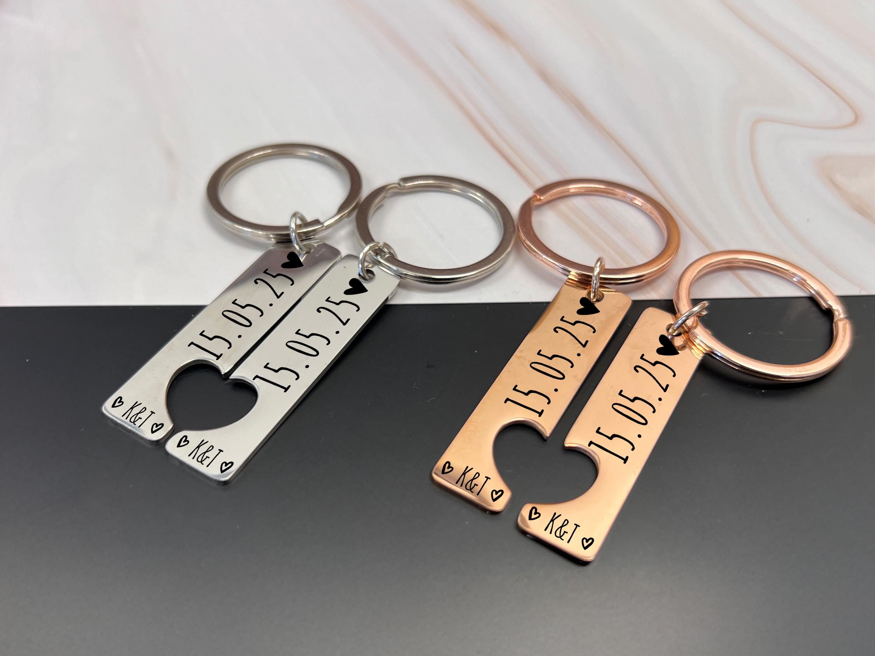 Anniversary and wedding gift for couples, personalised keyrings in rose gold finish, heart cut-out, matching set of two.
