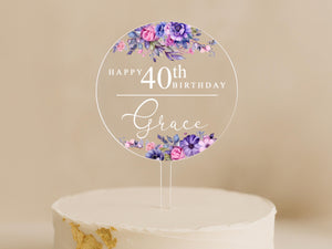 Grace Birthday Cake Topper with Pink and Purple Flowers – 40th Birthday Gift