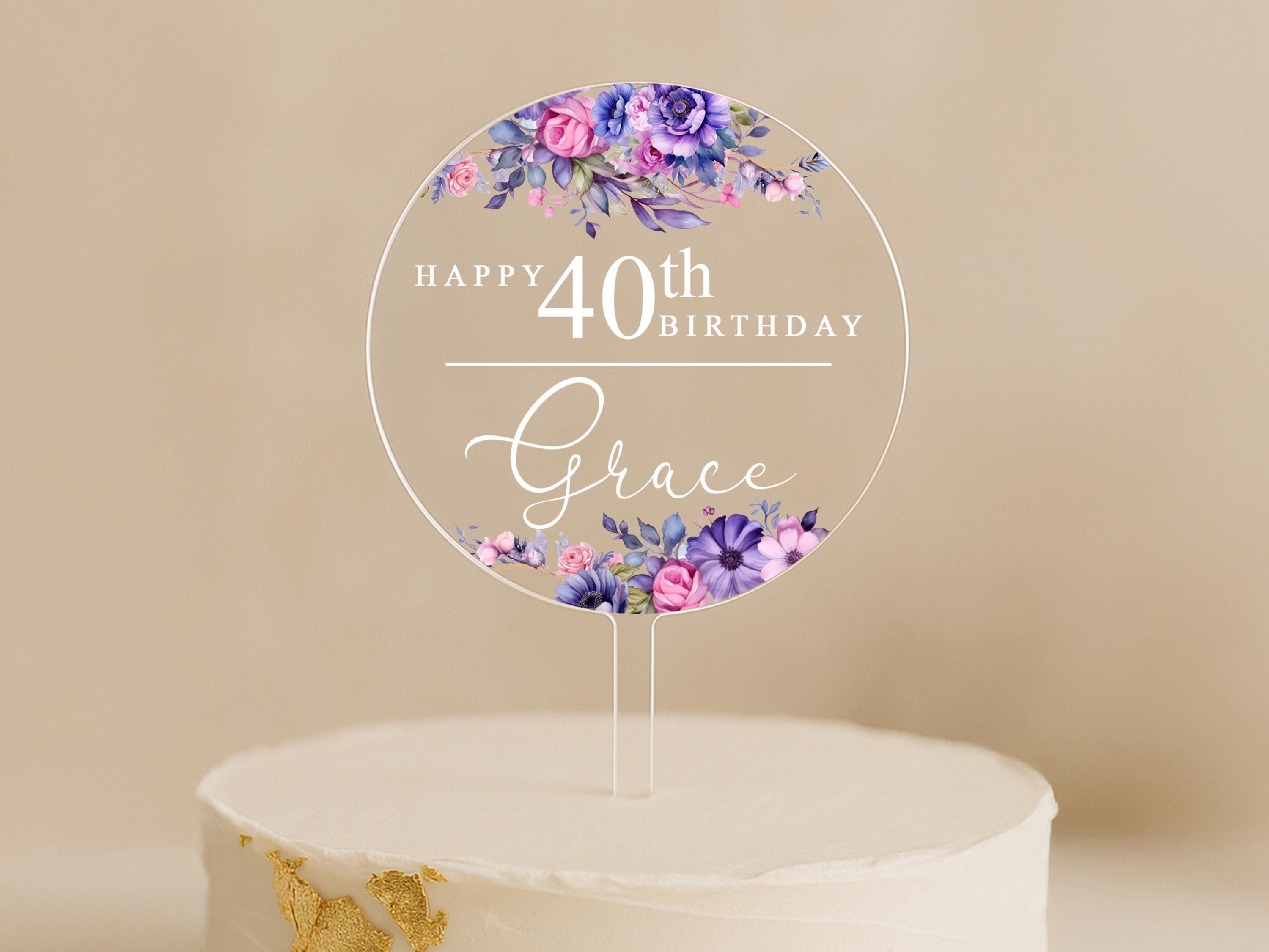 Grace Birthday Cake Topper with Pink and Purple Flowers – 40th Birthday Gift