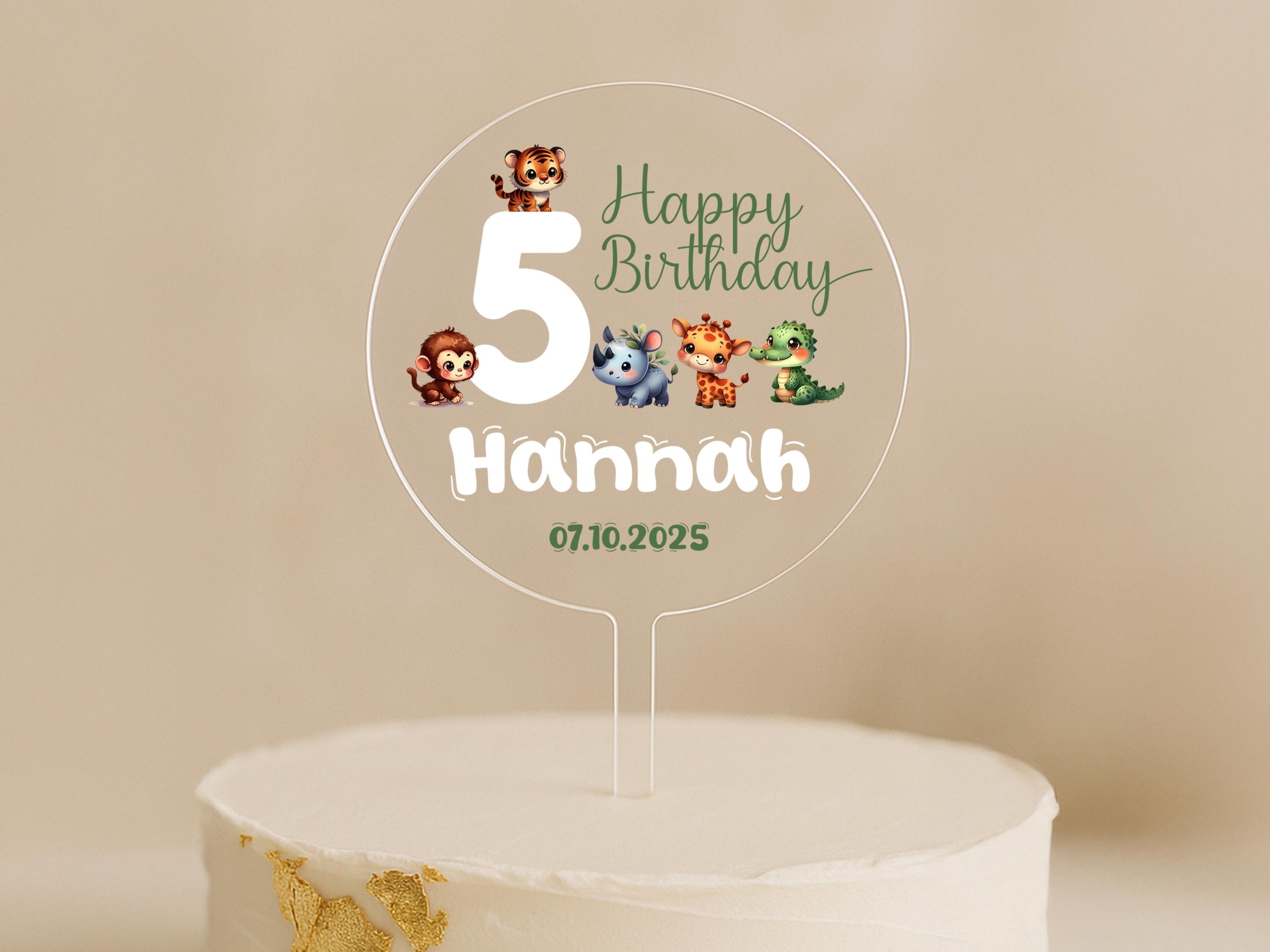 Personalised jungle animal birthday cake topper with name and age