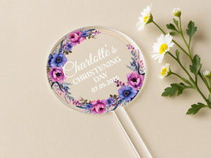 Personalised naming day topper with botanical circle design