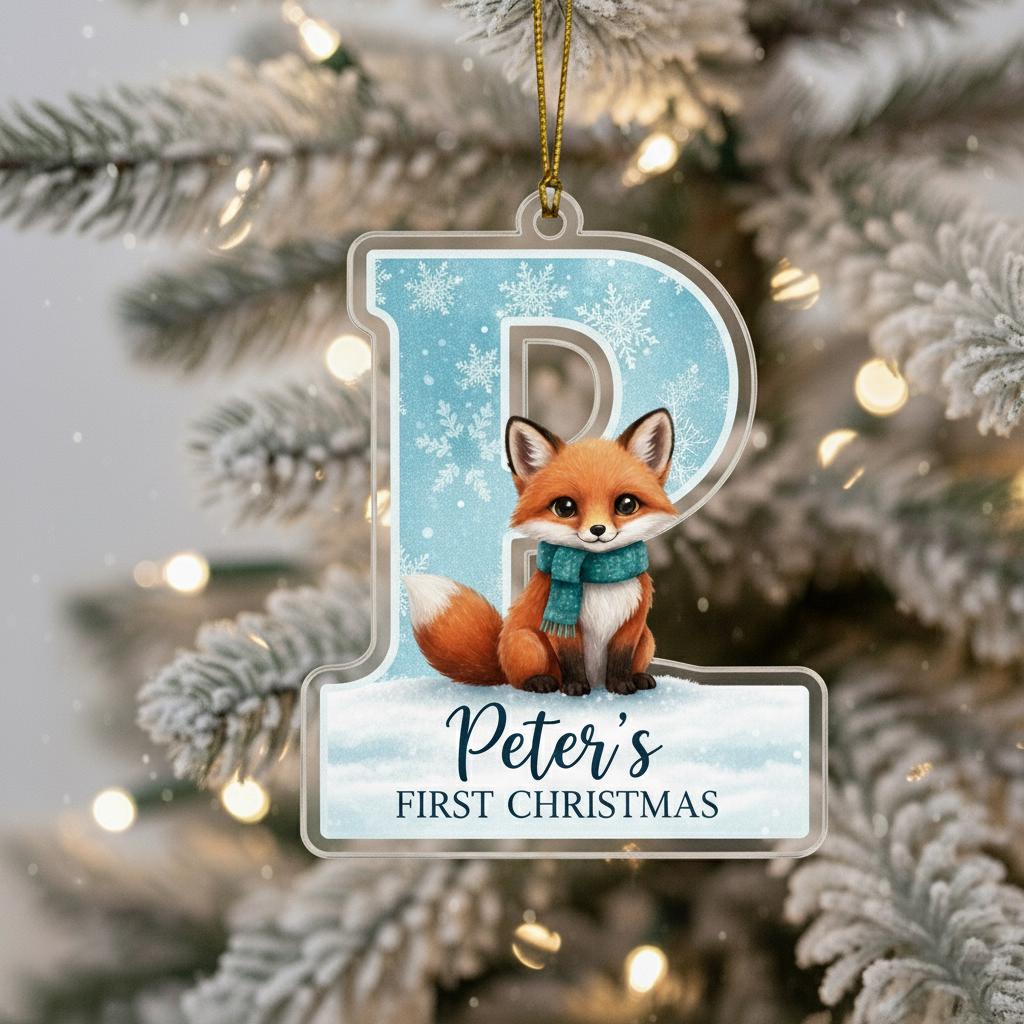 A clear ornament shaped like the letter "P" hanging on a Christmas tree, featuring a cartoon image of a fox wearing a scarf.