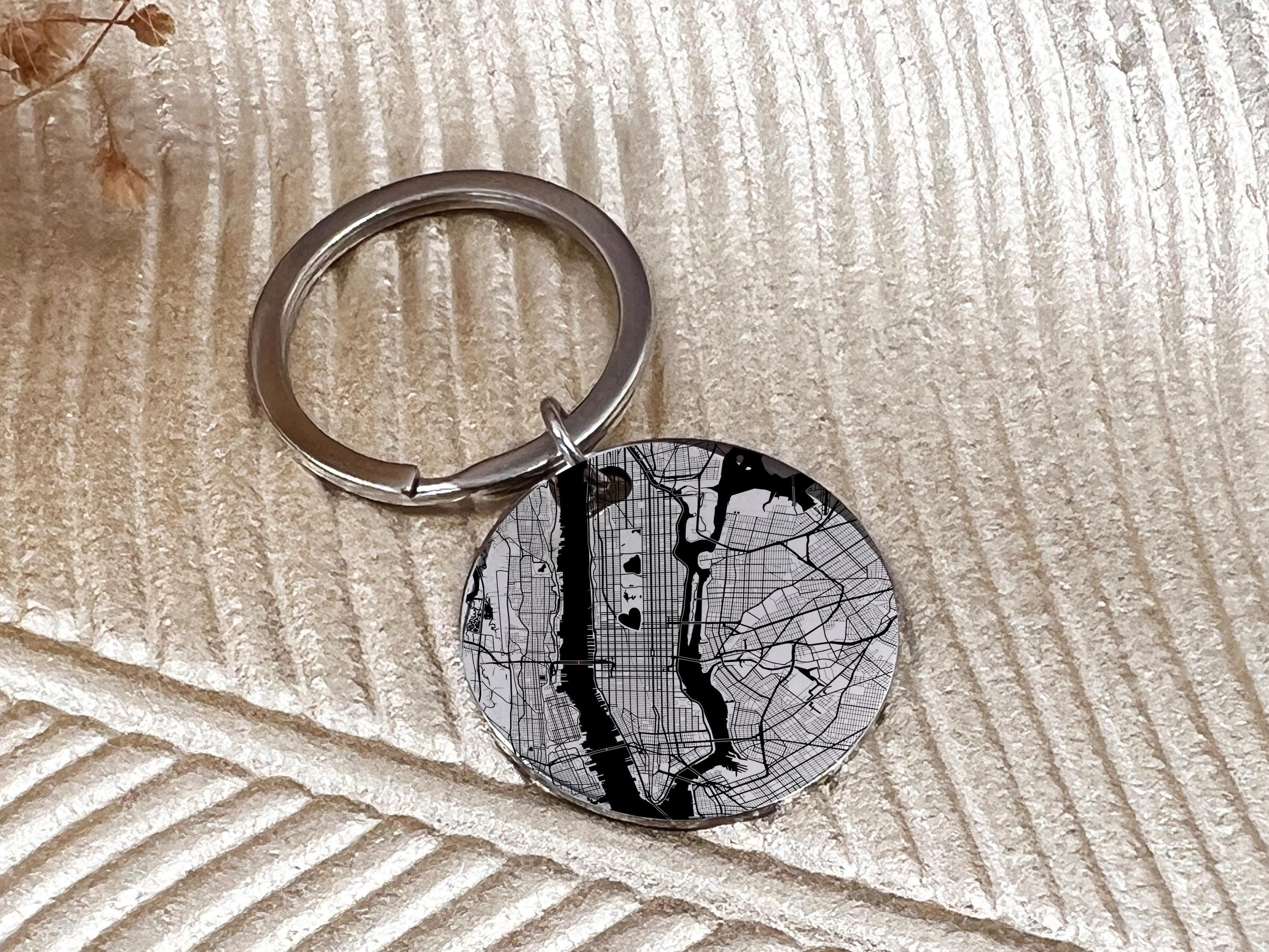 Engraved map and message keychain for anniversary or wedding gift