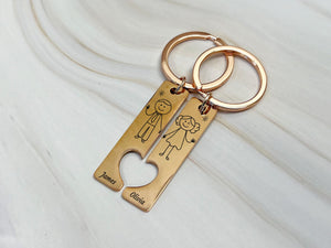 Custom engraved stick figure keychains for couples, matching set with connecting heart, personalized names, perfect for anniversary
