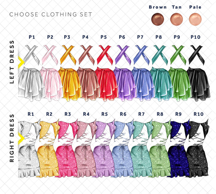 a variety of colorful dresses, each with a different color and pattern, arranged in a grid-like pattern.