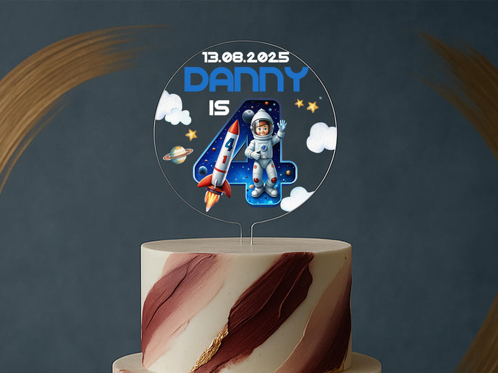 Astronaut and rocket themed cake topper for kids birthday
