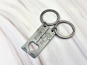 a metal keychain with a picture of a man and a woman on it