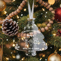 A Christmas tree decorated with ornaments, including a clear ornament with a family tree design, pine cones, and other ornaments.