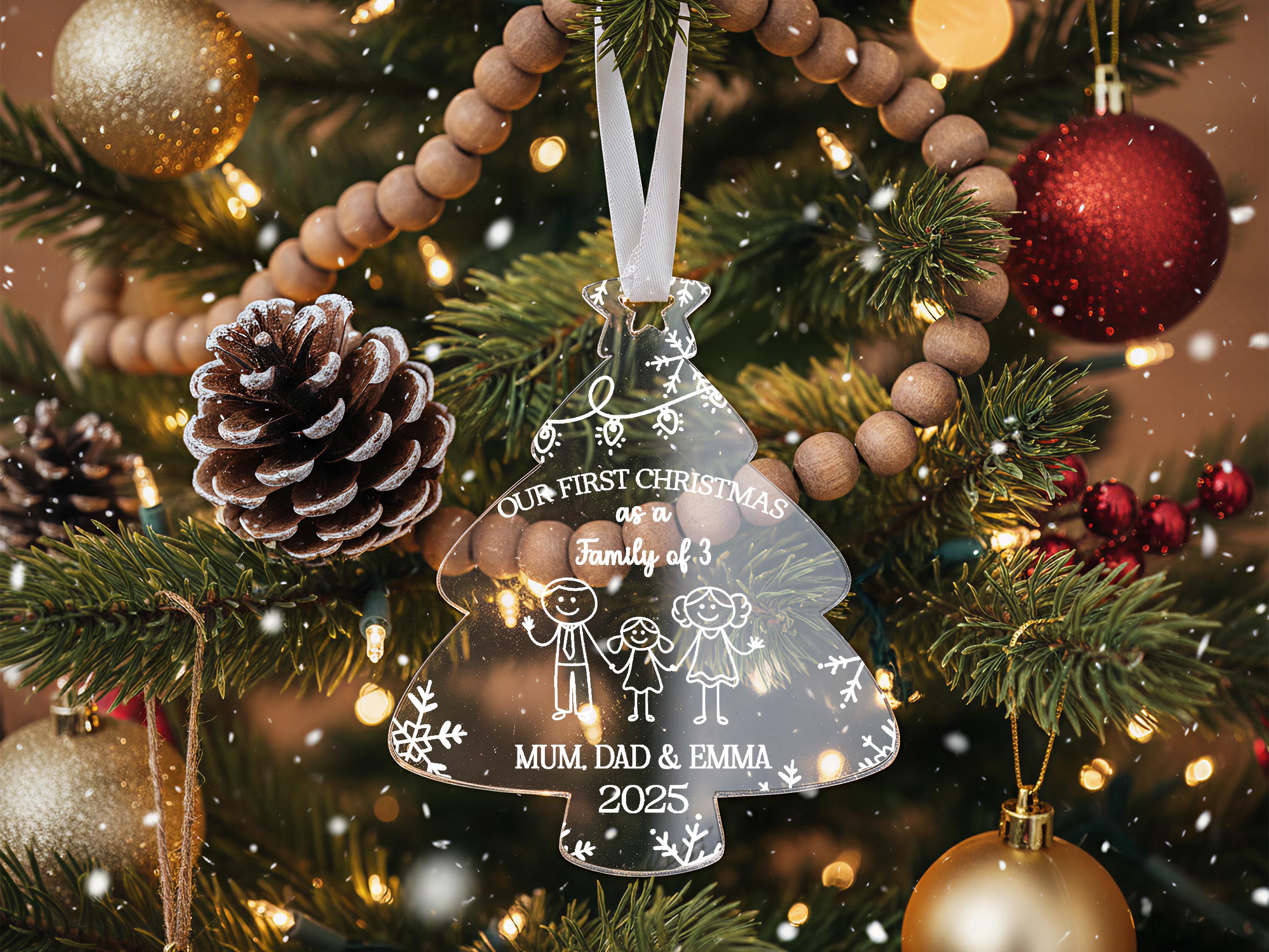 A Christmas tree decorated with ornaments, including a clear ornament with a family tree design, pine cones, and other ornaments.