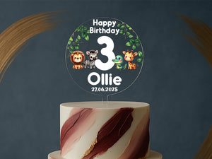 Side view of jungle animal cake topper showcasing clear material and colorful design elements.