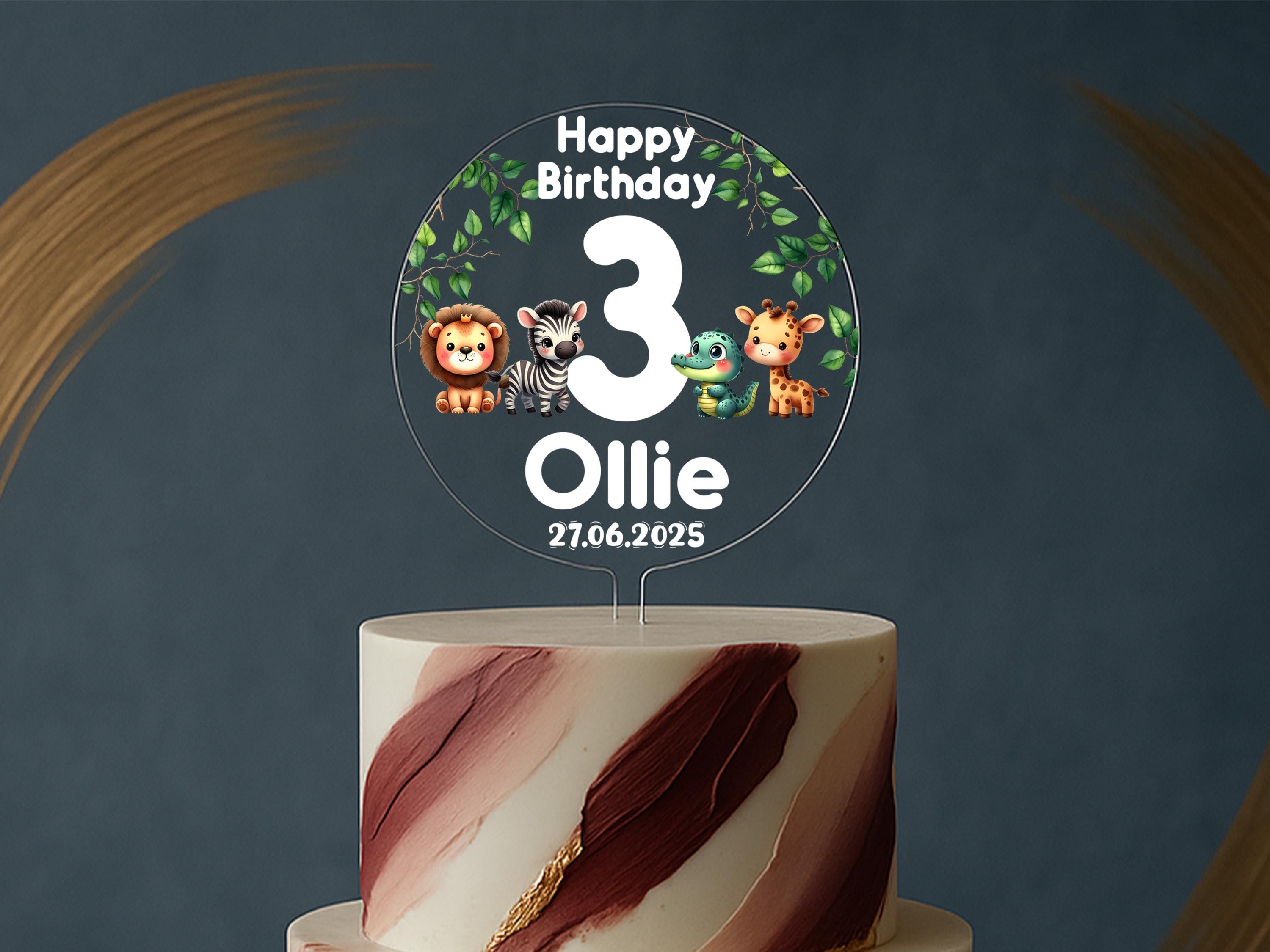 Side view of jungle animal cake topper showcasing clear material and colorful design elements.
