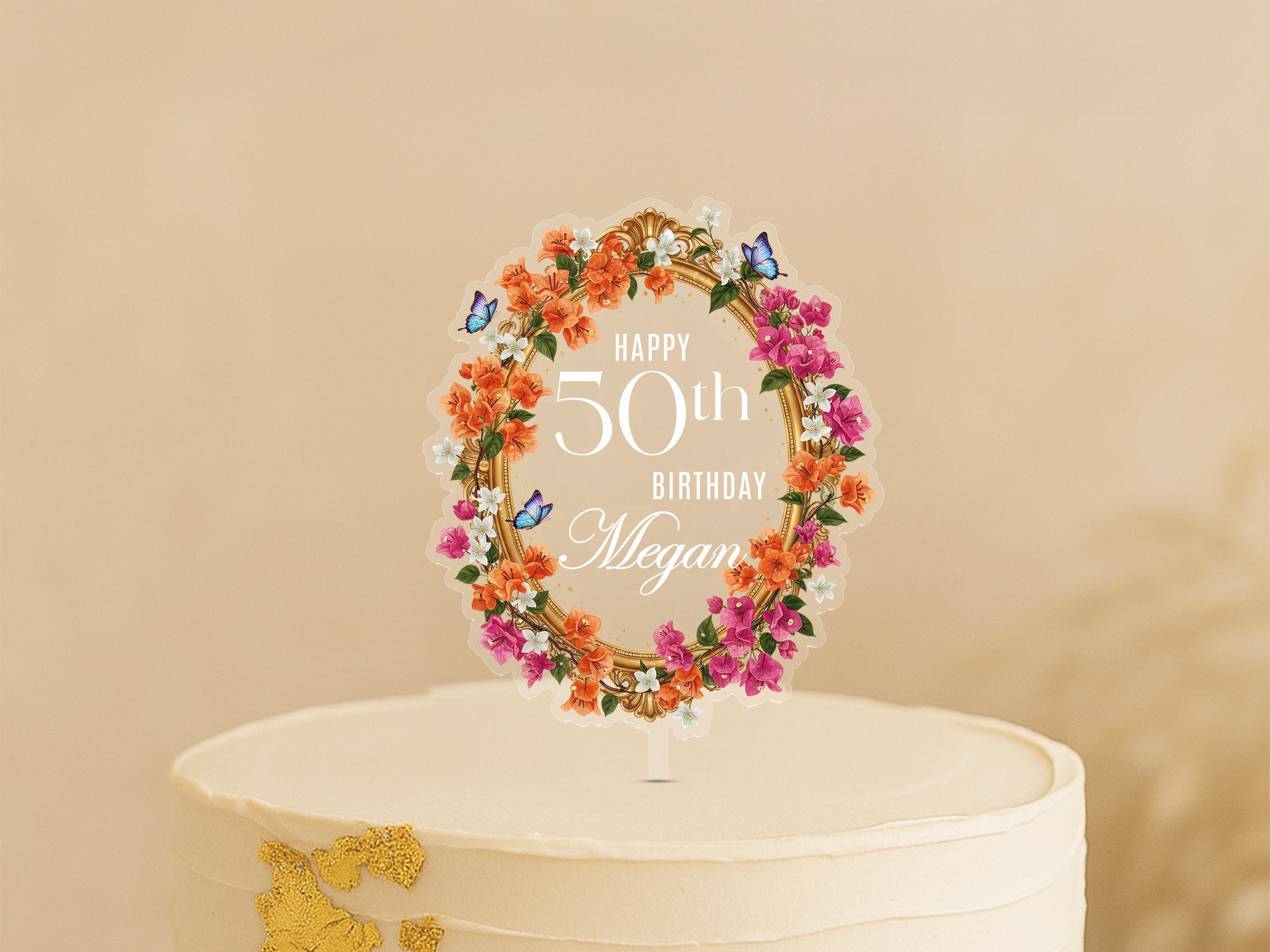 Floral Birthday Cake Topper – Custom Elegant Acrylic Wreath for Milestone Birthdays