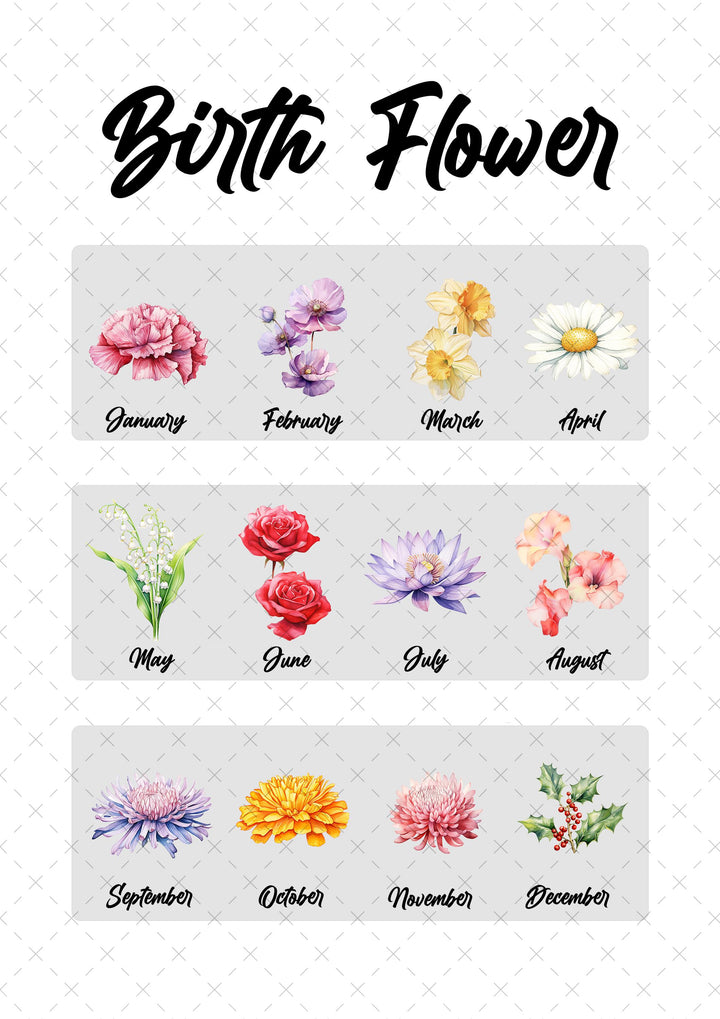 The image is a collage of nine floral images representing the months of the year, each depicting a different flower.