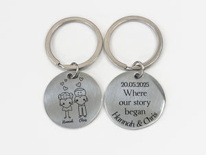 two metal key chains with a picture of a boy and a girl