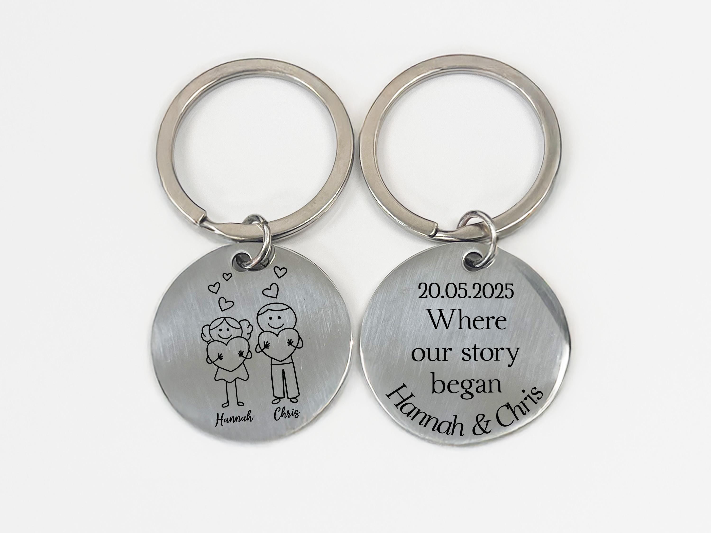 two metal key chains with a picture of a boy and a girl