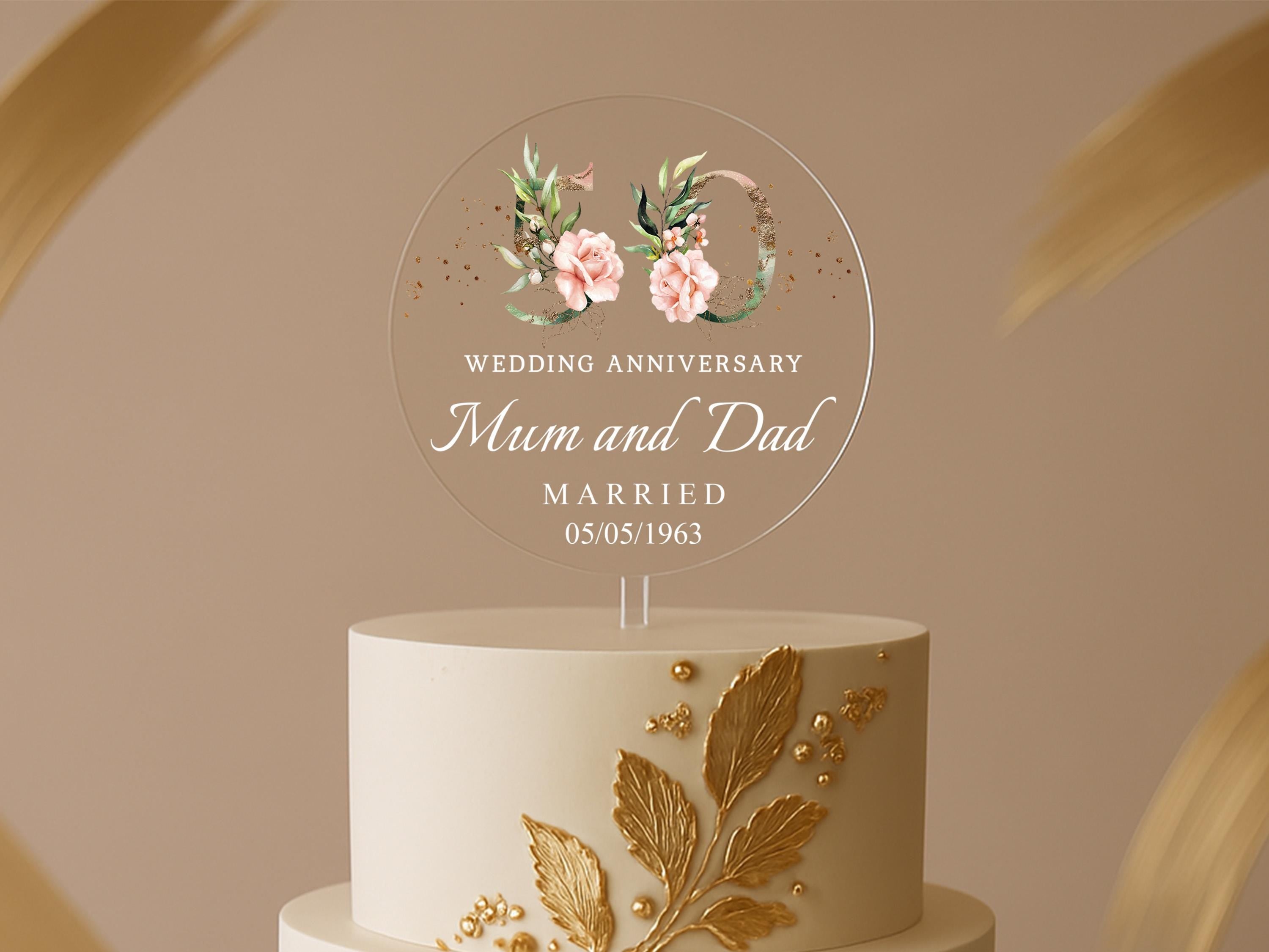 Golden 50th Wedding Anniversary Cake Topper with Mum and Dad Names