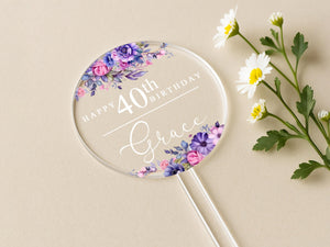 Custom Name Birthday Cake Topper with Botanical Floral Print
