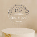 Custom clear acrylic 60th wedding anniversary cake topper with silver leaf design